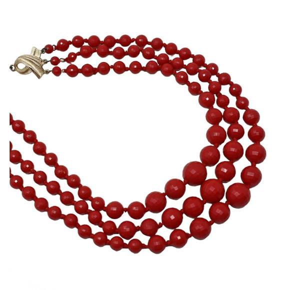 Vintage Triple Strand Red Faceted Graduated Beads W Germany 15" Choker - Hey Viv - Picture 5 of 6